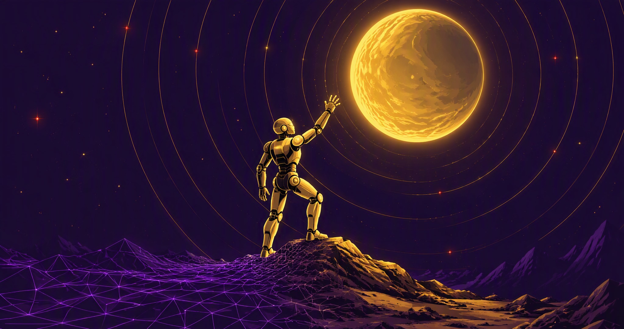 PGI 愿景示意：智能体立于物理大地，伸手触碰远方星球
